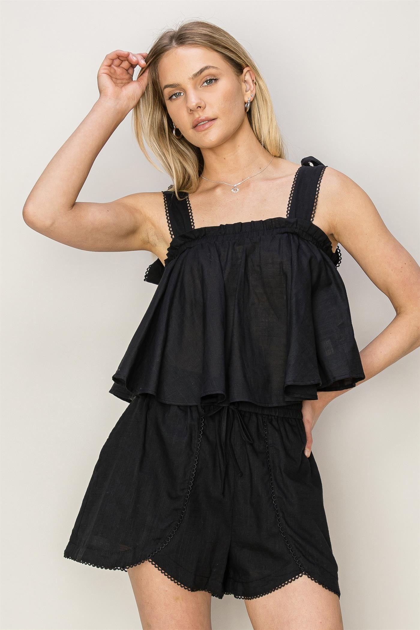 TIE-SHOULDER BABYDOLL CROP TOP