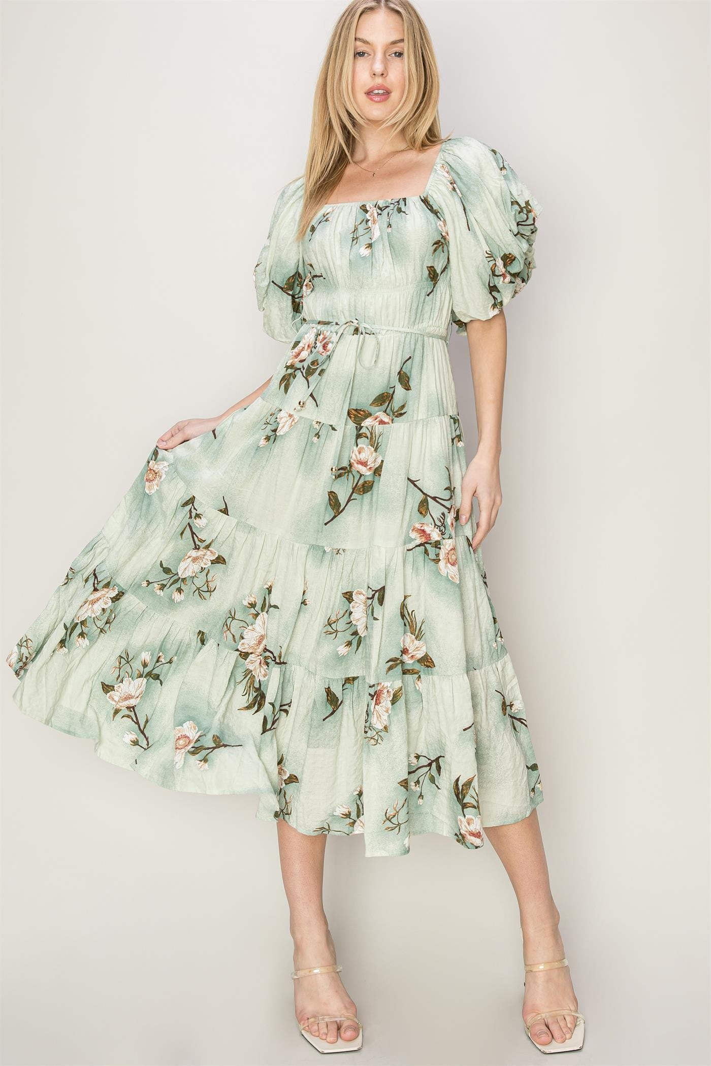 FLORAL PRINT PEASANT MIDI DRESS