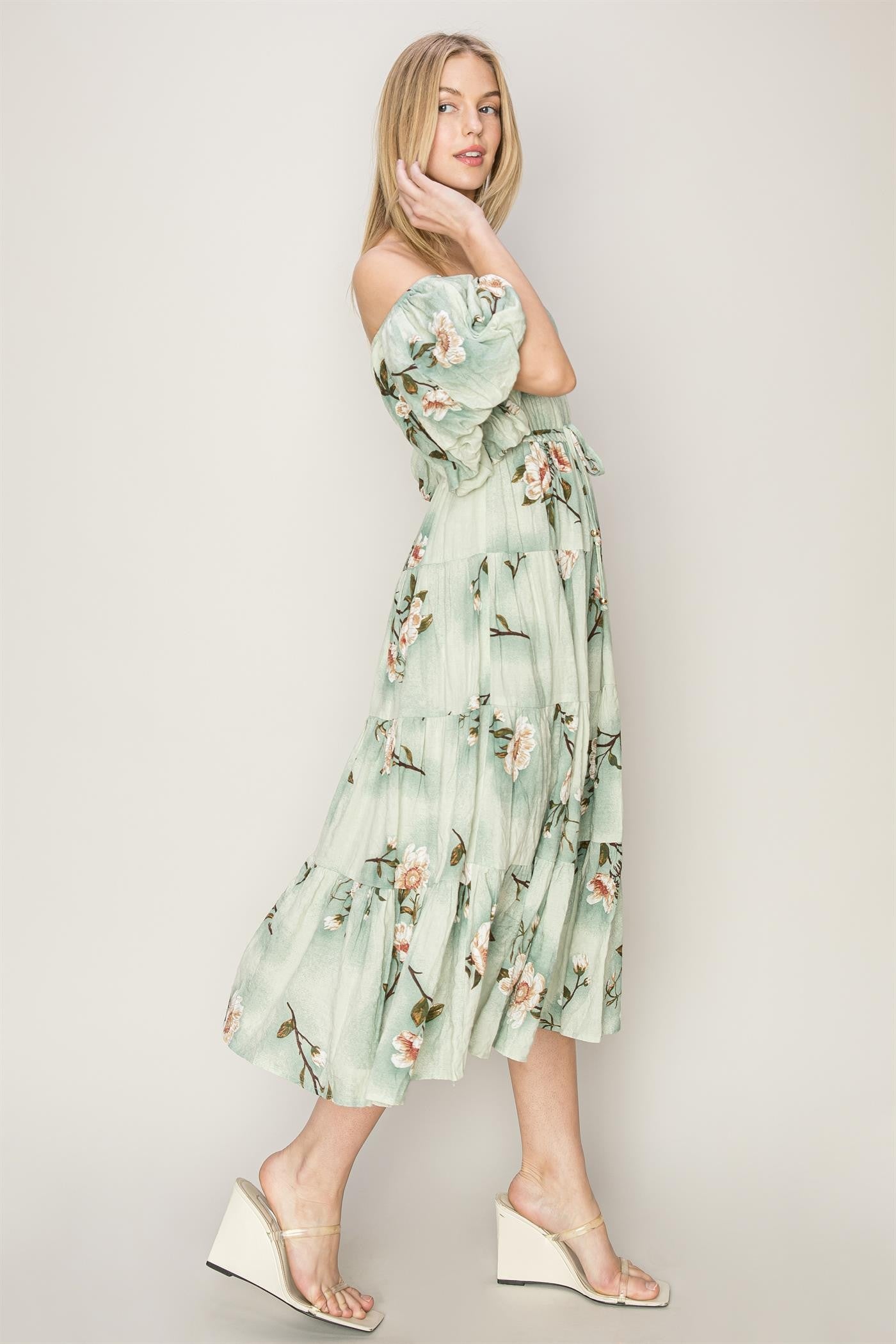 FLORAL PRINT PEASANT MIDI DRESS